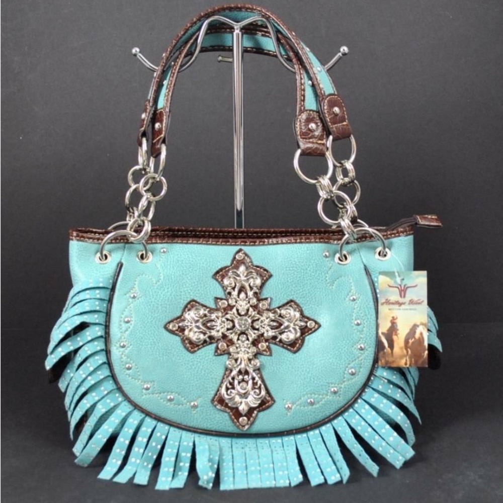 Heritage West Turquoise Brown Cross Rhinestone Stud Fringe Shoulder Bag Purse